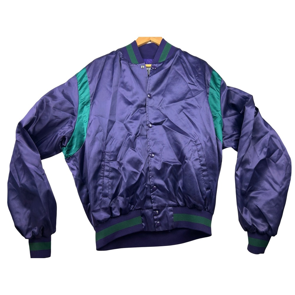 Vintage 90s Official Product Mens L Purple Green Satin Varsity Bomber Jacket USA